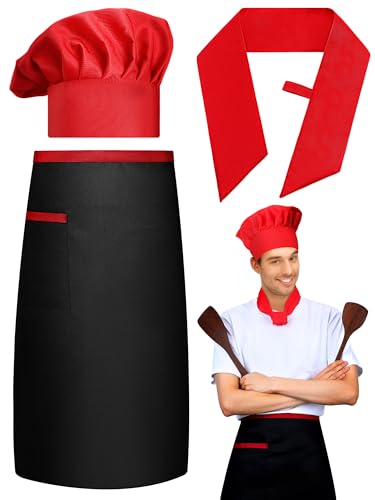 Mepase 3 Pcs Hibachi Chef Costume Adult Accessories Hibachi Chef Hat Apron with Hachimaki Tie Teppanyaki Hat for Men Women Japanese Cuisine Lovers Halloween Party Decorations BBQ Birthday Party Decor