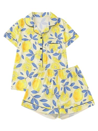 Verdusa Women's 2 Piece Sleepwear Button Down Pajama Sets Short Sleeve Shirt and Shorts
