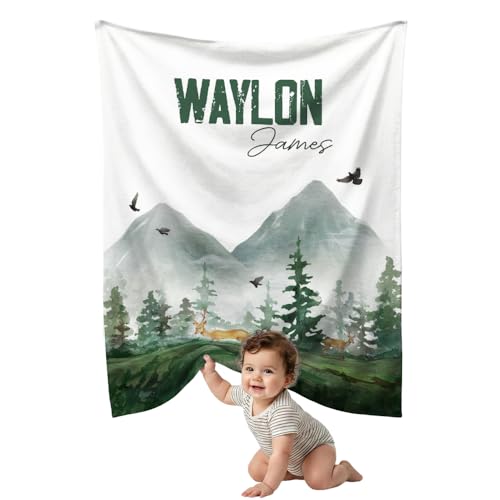 Image of Personalized Baby Blanket for Boys Girls, Custom Name Baby Deer &Forest, Woodland Animals Baby Blankets for Son Daughter, Super Soft Fleece Blanket, Lightweight Bed Throw Nursery Blanket