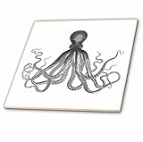 3dRose Vintage Octopus - Black and White Lord Bodner Kraken - Cthulu - Nautical Underwater sea Giant Squid 4 Inch Ceramic Tile