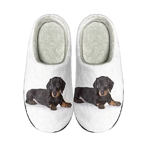 Coloranimal Zapatillas de casa de invierno para mujer y hombre, sandalias planas de espuma viscoelástica para el hogar, Perro salchicha negro, Large