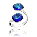 Farbe - Purple Crystals & Stones Swarovski *DOPPELT SQUARE* *VIELE FARBEN* 925 Silber Ring Swarovski Elements - 925 Sterling Silber Damen Ring Größe Verstellbar (Bermuda Blue)