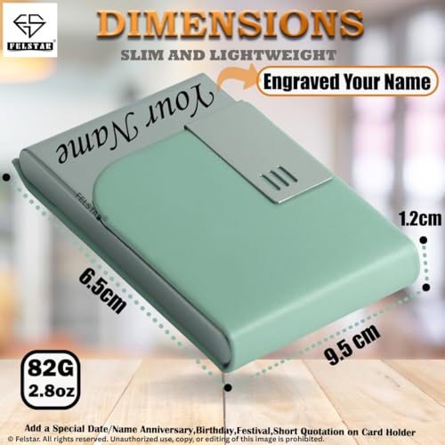 Image of Felstar Customised /Personlised Name Engraved Pu Leather & Metal Unisex RFID Blocking Business Visiting Wallet Card Holder for Men & Women /Gift Your Loved Once on Any Occasion (Green)