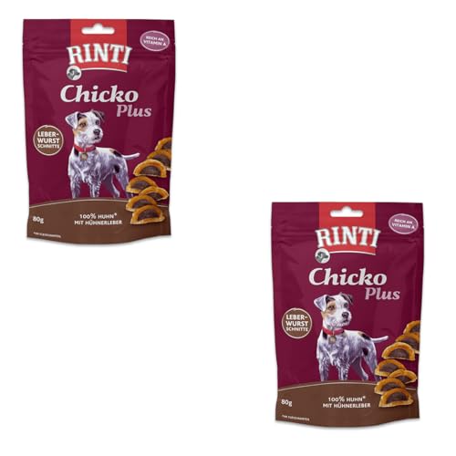 Rinti Chicko Plus Leberwurstschnitte | Doppelpack | 2 x 80 g | Leckerli für Hunde | Hühnerbrustfilet mit Hühnerleber gefüllt | Schonend luftgetrocknet ohne Zusatzstoffe
