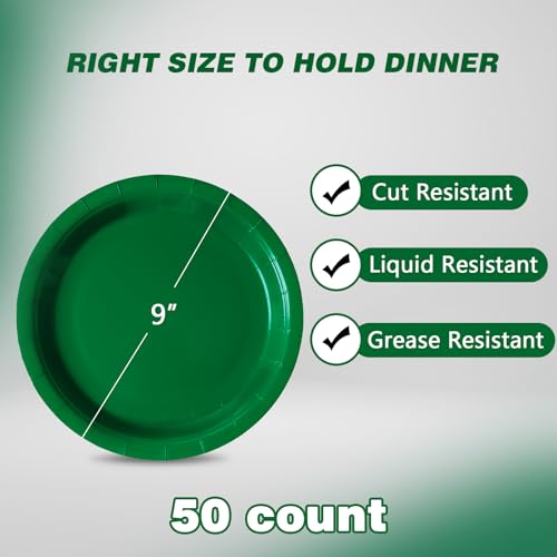Image of Green Disposable Paper Plates, 9 Inch Dinner Party Plates, 50 Count Bulk | Colored and Sturdy Durable Party Plates, for Birthday, Halloween, Christmas, Baby & Bridal showers, BBQ