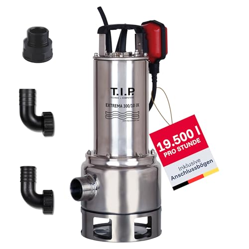 T.I.P. Schmutzwasser Tauchpumpe - Baupumpe Edelstahl (19.500l/h Fördermenge, 10,5m Förderhöhe, 1,05bar Druck, 1.200W, 40mm Korngröße, Waschlauge geeignet, Flüssigkeit bis 95°C)Extrema 300/10 IX,30072