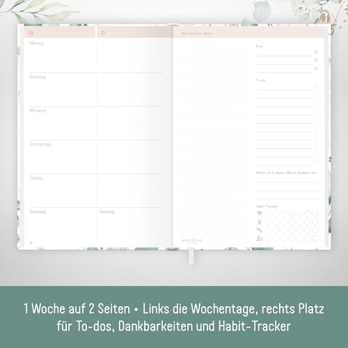 paper&you® Work & Life Wochenplaner ohne Datum A5 Blattgold undatierter Kalender zur Achtsamkeit & Selbstorganisation, Planer undatiert, Dankbarkeitstagebuch - nachhaltig & klimafreundlich