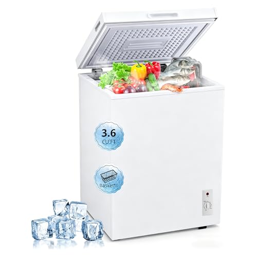Image of Compact Deep Freezer, 3.6 Cu Ft Chest Freezer with 6 Adjustable Thermostat, Top Open Door Freezer with Removable Basket, Energy Saving Freezer for Home, Apartment, Office, White