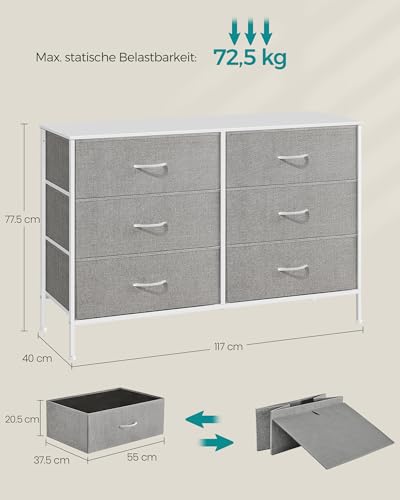 SONGMICS Kommode mit 5 Schubladen, Aufbewahrungsschrank mit 6 Stoff-Schubladen, 40 x 117 x 77,5 cm, modern, weiß-hellgrau LTS833W01