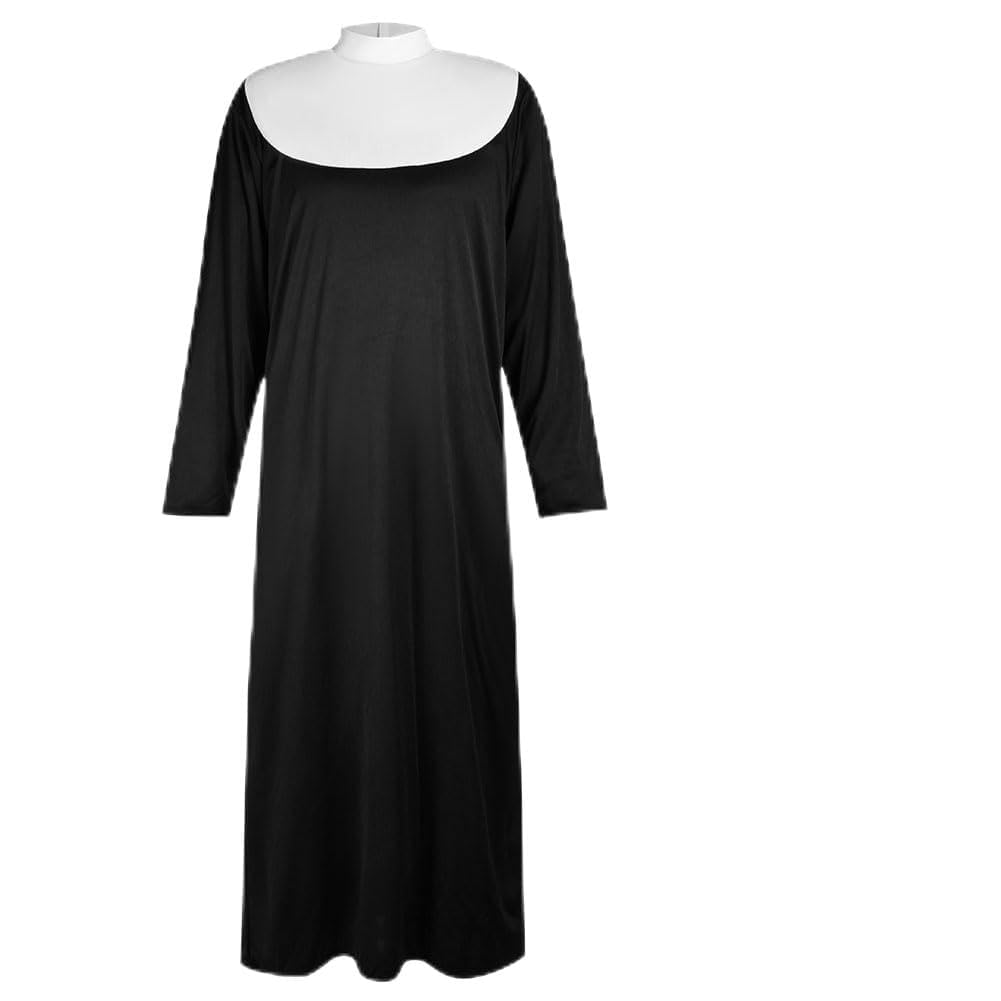 Aomig Men Nun Costume, 4 Pcs Adults Nun Dress Up Costume for Halloween Cosplay, Male Nuns Religious Habit Nun Fancy Dress Costume Accessories Nun Hat Nun Cross, Nun2 Costume Themed Party Outfits(XL)