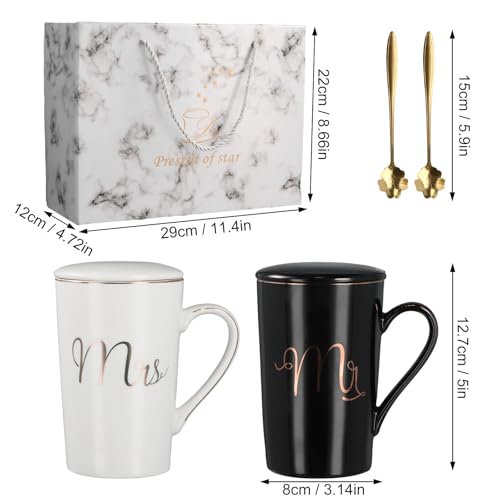 Set mokken, Mr. en Mrs. Keramische koffiemokken met deksel en lepel, cadeau voor Kerstmis, bruiloft, paar, verjaardag, verloving, Valentijnsdag, 400 ml - Afbeelding 3