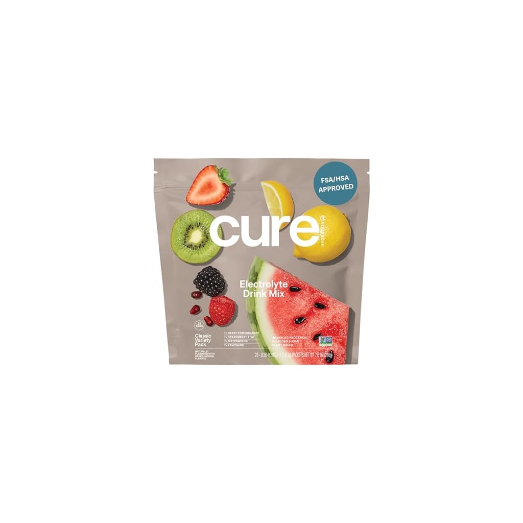 Cure Hydration | Plant-Based Electrolyte Drink Mix | No Added Sugar | FSA-HSA | Dehydration Relief Powder Made with Coconut Water | Non-GMO | Vegan | 28 Packets - Variety Pack