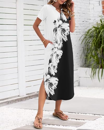 Image of MISFAY Women's Summer Maxi Dress 2026 Casual Short Sleeves V Neck Loose Sundress Split Long Beach T Shirt Dress