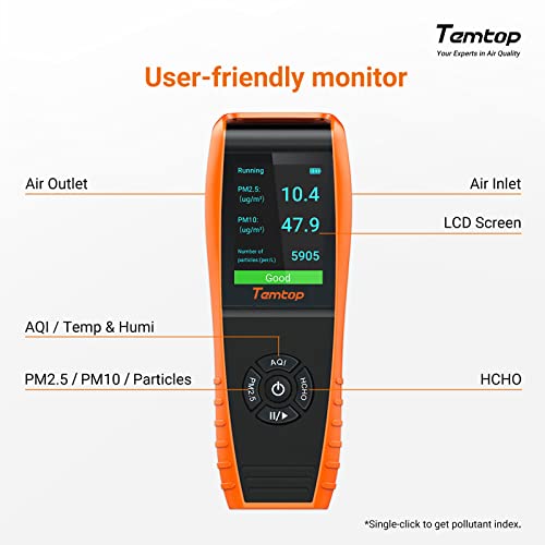 Temtop Air Quality Monitor Professional PM2.5 PM10 Particle Counter, Formaldehyde, Temperature, Humidity, AQI Tester for Indoor/Outdoor Air Pollution Detection w/Data Export