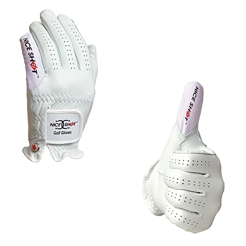 Nice Shot Premium White Cabretta Leather Golf Glove Bundle - You Are Nothing Pinkie And “Thumbs Up” – Women's Right Hand – Small #TOP21