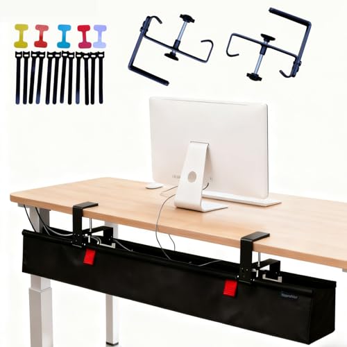 Under Desk Cable Management Tray, 36' Large No Drill Cord Organizer with Easy to Clean Oxford Fabric, Clamp On Power Stripe Holder for Home Office & Gaming Space to Hide Wires