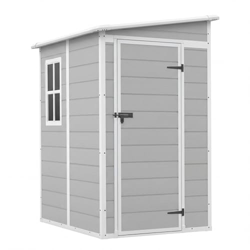 Image of Devoko 5x4 FT Plastic Storage Shed with Floor, Waterproof Resin Outdoor Tool Shed with Lockable Door, Outside Garden Shed for Backyard Patio Lawn, Light Grey