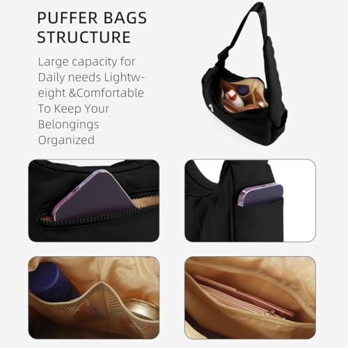 Quilted Puffer Tote Bag for Women，Small Puffer Crescent Shoulder Bag，Quilted Nylon Crossbody Bag with Adjustable Strap4