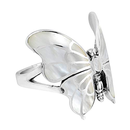 AeraVida Exotic Graceful Butterfly Sterling Silver Ring - White Mother of Pearl Inlay - Casual Comfort Fit - Wedding & Gift Ring - Sizes 6-102