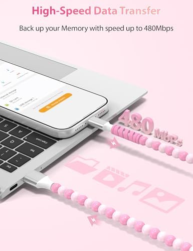 Jiunai 3ft Beaded USB C Phone Charger for Carplay USB A to Type C Pink — view 5