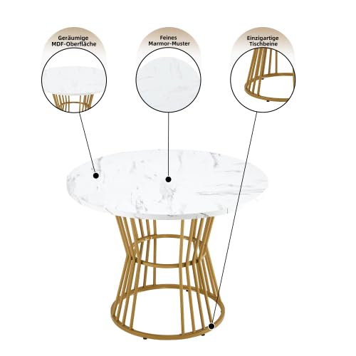 Mesa de comedor redonda de 100 cm – Mesa de cocina redonda con aspecto de mármol y patas de metal doradas – Mesa de comedor moderna para 2 – 4 personas – Blanco/Oro