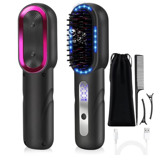 Cordless Hair Straighteners,Portable 5000mAh Rechargeable Hair Straighteners for Women, 2 in 1 Hair Straighteners & Hair Brush for Travel, Temp Adjustable Hot Comb with Blue Light & Ion