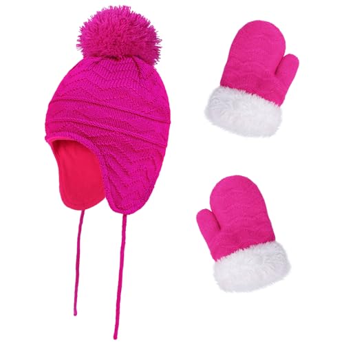 Image of Kids Winter Beanie Hat Mittens Set Warm Fleece Hat Baby Toddler Knitted Hat & Gloves for Boys, Girls