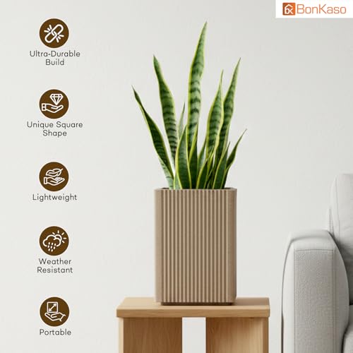 Image of BonKaso 18 Inch Rolex Tower Planter for Indoor & Outdoor Use | Tall Square Heavy Duty Polymer Flower Pot | Weather Resistant Modern Planter for Living Room, Balcony, Terrace & Office Decor (Beige)