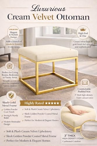 Image of Square Metal Ottoman /Sitting Stool /Living Room Furniture /Office, Velvet Footstool /Footrest Pouffes Home Decor (Cream) - 30.48 Cm, 38 Cm