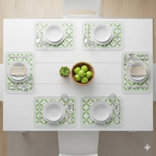 Image of YELONA Light Green Faux Leather Dining Table Placemats - Set of 6 | Heat & Stain Resistant PU Table Mats | Easy to Clean & Durable | Perfect for Office, Conference Tables & Home Decor