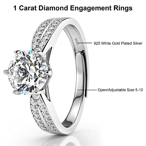 ATESSON S925 Engagement Ring Round 6 Prongs Zircon Diamond Wedding Rings for Women Promise Rings for Her Adjustable Ring(Size 5-10)2