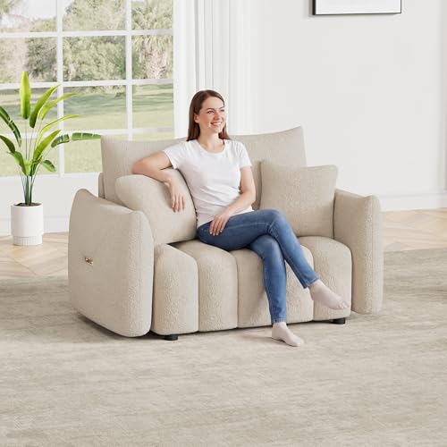 Image of OUYESSIR 56 inch Modern Sofa Couch, Comfy Deep Seat Teddy Cloud Sofa, Upholstered 2-Seater Boucle Couch, Oversized Loveseat for Living Room, Bedroom, Office, Apartment, Light Brown