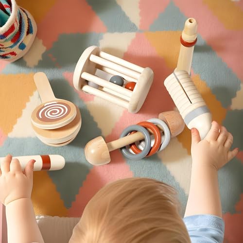 Wooden Baby Rattle Set, Wooden Hand Rattles, Educational Rattle Toys, Soothing Baby Rattle, Wooden Baby Rattle Set With Soothing Sounds And Educational Learning Toy For 12-Month-Old Babies - Image 4
