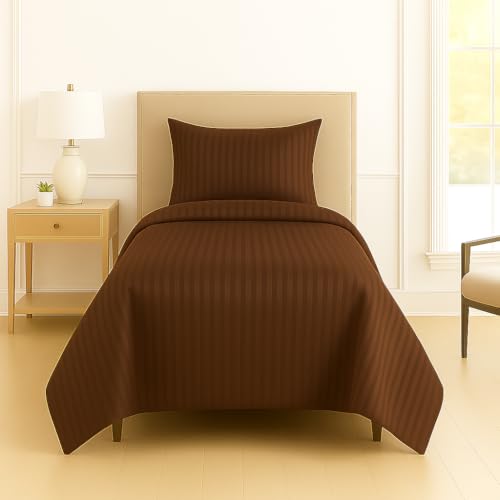 Image of DECOR2ADMIRE 300 Thread Count Premium Glace Cotton Plain Stripe Single Bedsheet with One Pillow Cover (60 inch x 90 inch) (Coffee, Pack of 2)