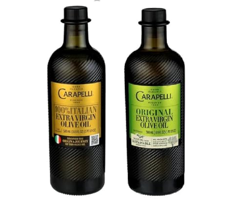 100% Italian Extra Virgin Olive Oil – Cold Pressed, First Harvest, Rich & Smooth – Sustainable Glass Bottle, 16.9 fl oz (500mL), two bottles C.arapelli Original Estra virign 500ml Green Label and C.arapelli 100% Italian 500ml Gold Label