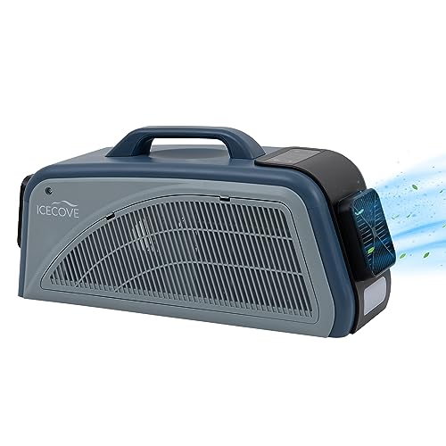 IceCove Aire acondicionado portátil, unidad de CA de enfriamiento rápido de 2500 BTU, 250 W de bajo consumo de energía, 25.5 V CC, 2 velocidades de ventilador, 3 modos de luz para tienda de campaña