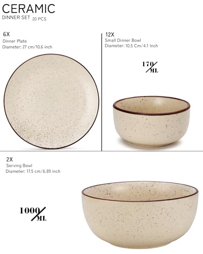 Image of Bodhi House Solid Handcrafted Stoneware Ceramic Dinner Set, Dish Set Serving, Microwave and Dishwasher Safe, Bone-ash Free, Crockery Set for Dining and Gifting (Beg-SPCK, Pack of 20 (6F+12K+2SB))