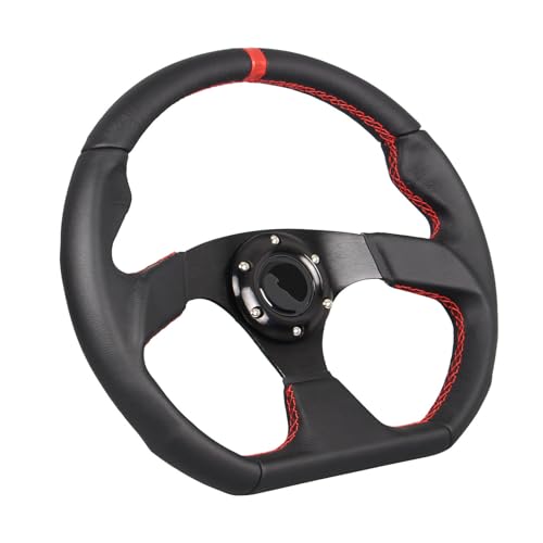 GONMOT Universal Racing Sports Steering Wheel Red Stripe D Shape 13.8inch 350mm 6 Bolts Black Leather Hand Grip Steering Wheel