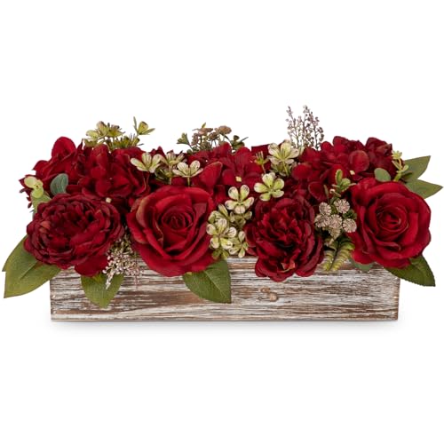 Flower Arrangement with Wooden Vase 14" Artificial Flowers in Pot...