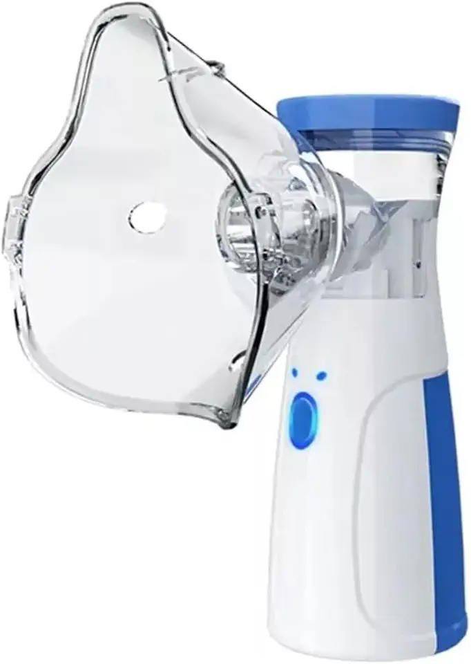 Nebulizador Inalador Portátil Mesh Silencioso, Branco e Azul, USB e Pilha AA, com Máscaras Adulto e Infantil, Cabo USB Incluído