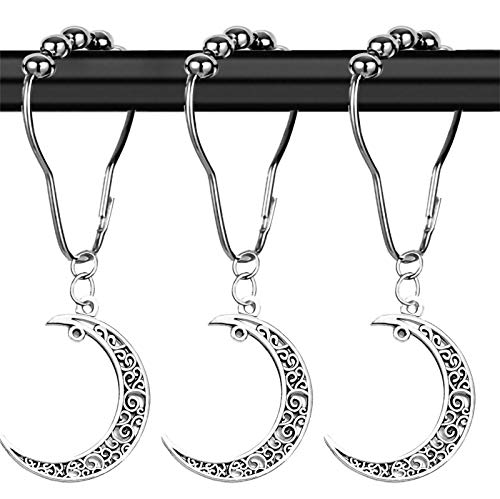Yuiviot Shower Curtain Hooks Rings?12Pack?, Decorative Moon Alloy Pendant, Gothic Bathroom Set, Silver Rust Proof Stainless Steel Hooks, Witchy Hanger, Celestial Decor, Mental Heavy Duty Roller Decor…