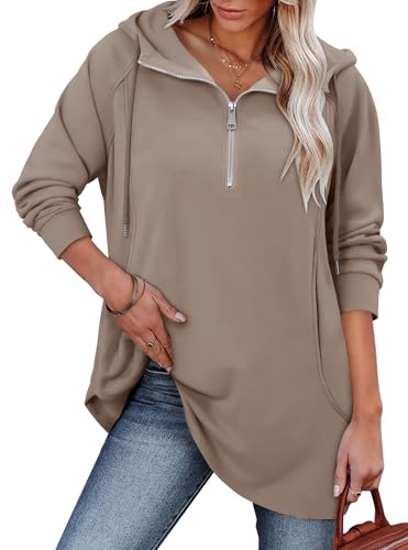 onlypuff Women Hoodie Pullover Trendy Quarter Zipper Lapel Sweatshirts Drawstring Cute Hooded Tunic Tops with Side Pockets