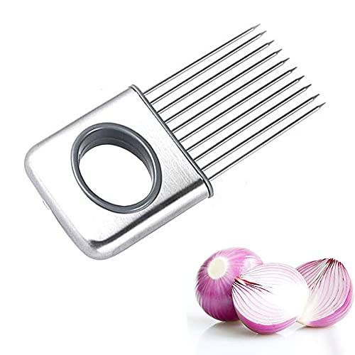 Cortador de Tenedor de Frutas Para Cebollas,Ayudas de corte, Gadget Cortador, Tipo de Caja Plateada, Para Verduras y Frutas, Cebollas (13 * 6.2 * 1.6cm) Cover