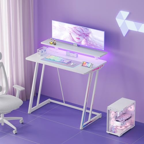 YeTom LEDゲーミングデスク 幅80cm RGB光る 省スペース パソコンデスク 収納付き デュアルモニター対応 頑丈Z型フレーム 簡単組立 学習机/オフィスデスク白い [2]
