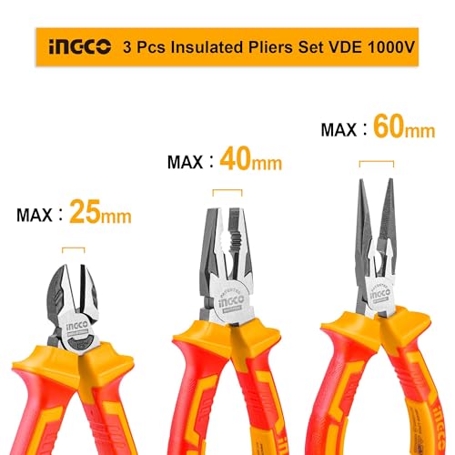 INGCO 3Pcs 1000V VDE Insulated Plier Set, 8" VDE Combination Pliers, 6" Insulated Long Nose plier, 6" Diagonal Cutting plier HIKPS28318