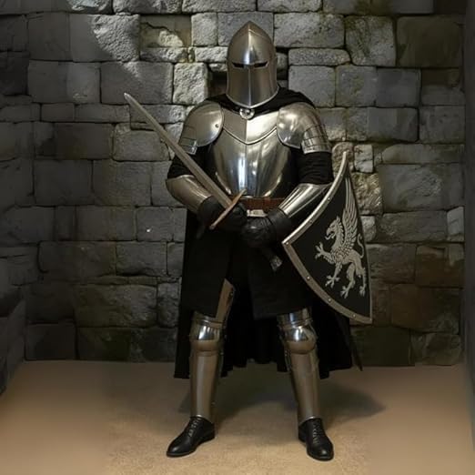 Medieval Knight Full Body Armor with Sword, Shield & Black Cape | Complete Wearable Suit of Armor with Inner Garments | Handcrafted Steel Collectible for Display,
