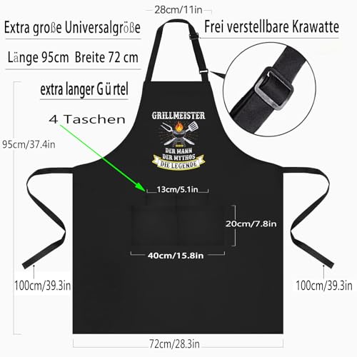 DXDXDXD Grillschürze für Männer Kochschürze Herren Lustig, mit 4 Taschen Grillen Geschenk BBQ Schürze Küchenschürze Schwarz Schürzen, GRILLMEISTER der Mann der Mythos die Legende