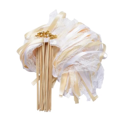 Ferizzia 30 Pièces Baguettes de Mariage, Baguette Ruban Mariage avec Cloches, Dentelle Blanche Bâton de Ruban de Mariages, pour Décoration de Mariages,...