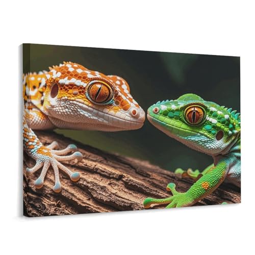 Toile murale de deux geckos 40x30cm, idée cadeau déco de Noël