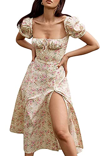Women's Puff Sleeve Split A-Line Maxi Dress Elegant Floral Print Ruched Long Dress Apricot Large #TOP4